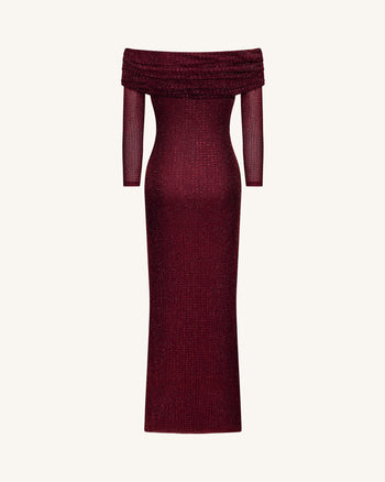 Robe longue en résille strassée épaule dénudée - Bordeaux