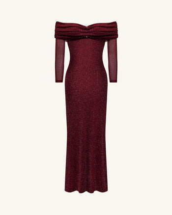 Robe longue en résille strassée épaule dénudée - Bordeaux