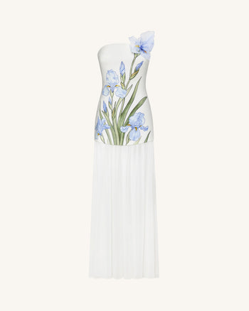 Robe longue asymétrique à fleurs - Blanc