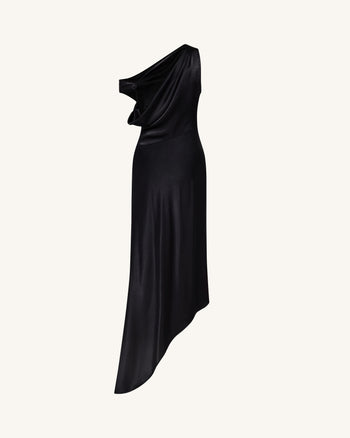 Robe asymétrique drapée en satin à une épaule - Noir
