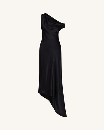 Robe asymétrique drapée en satin à une épaule - Noir