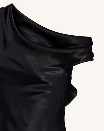 Robe asymétrique drapée en satin à une épaule - Noir
