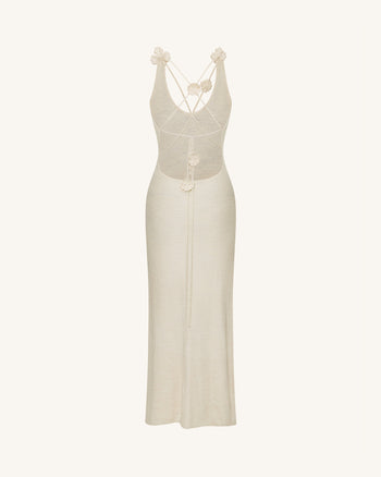 Robe longue en maille texturée à col licou - Crème