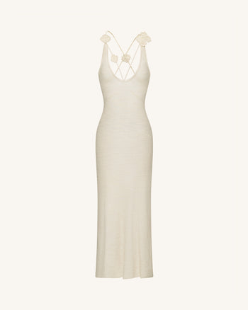 Robe longue en maille texturée à col licou - Crème
