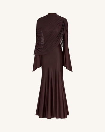 Robe longue moulante froncée avec châle transparent - Marron