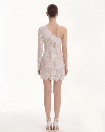 Mini-robe en dentelle à une épaule - Blanc