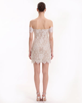 Robe Mini en Dentelle Épaules Dénudées - Blanc
