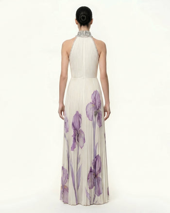 Robe longue plissée dos nu à col bijoux et imprimé Iris - Blanc/Violet