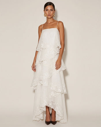 Robe longue superposée à broderies orchidées - Blanc