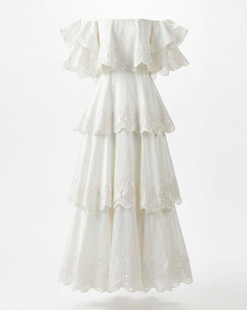 Robe longue à épaules dénudées, à étages et broderies orchidées - Blanc