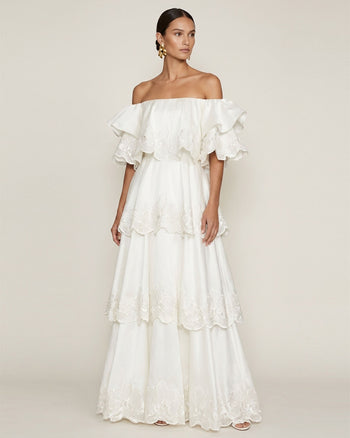 Robe longue à épaules dénudées, à étages et broderies orchidées - Blanc