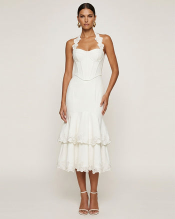 Robe midi corset dos nu à broderies orchidées - Blanc