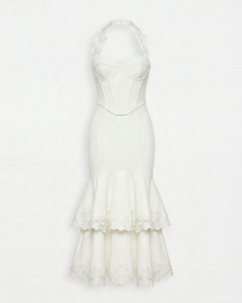 Robe midi corset dos nu à broderies orchidées - Blanc