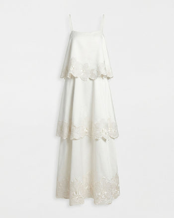 Robe longue à étages et broderies orchidées - Blanc