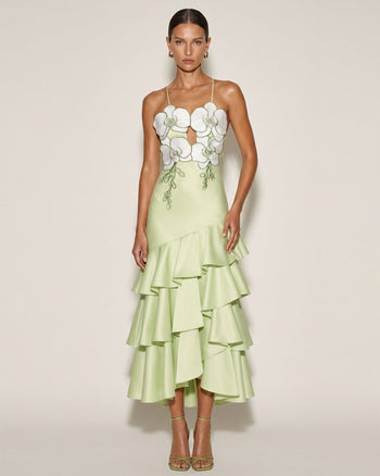 Robe midi à volants et ornements orchidée - Vert clair