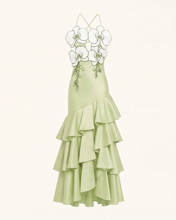 Robe midi à volants et ornements orchidée - Vert clair