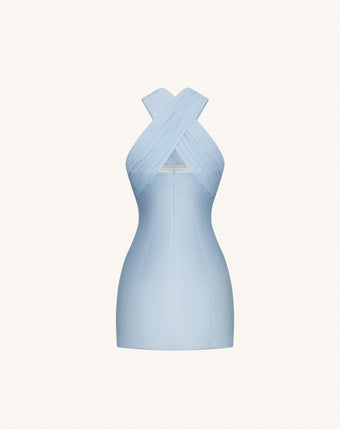 Mini-robe en satin avec halter croisé en tulle - Bleu