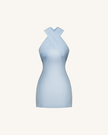 Mini-robe en satin avec halter croisé en tulle - Bleu