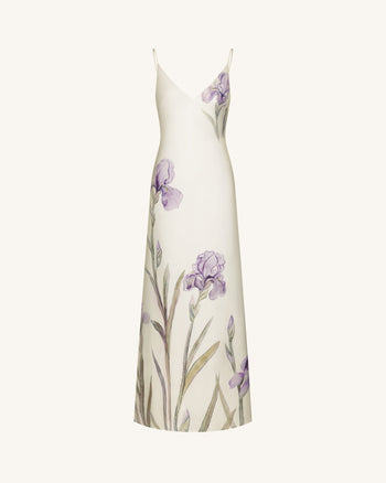 Robe-nuisette longue en satin à motif Iris - Blanc