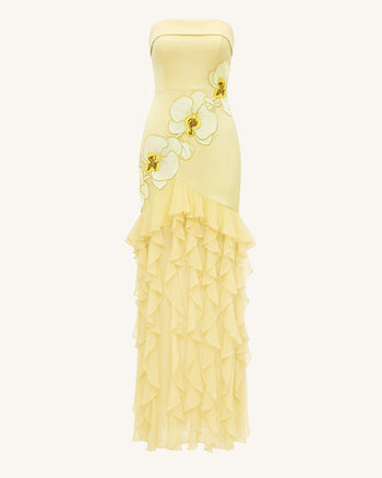 Robe longue bustier à volants brodée d'orchidées - Jaune pâle