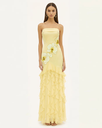 Robe longue bustier à volants brodée d'orchidées - Jaune pâle