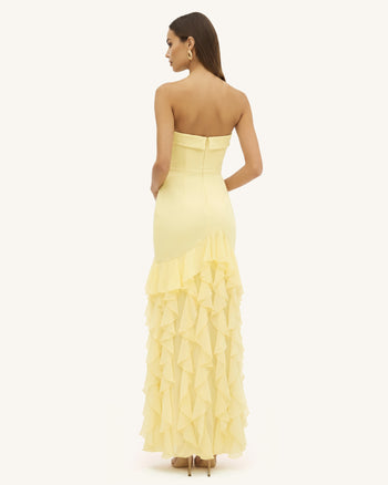 Robe longue bustier à volants brodée d'orchidées - Jaune pâle