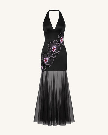 Orchid Robe Longue Plissée Broderie Bords Effilochés Dos Nu - Noir Violet