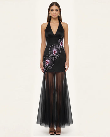 Orchid Robe Longue Plissée Broderie Bords Effilochés Dos Nu - Noir Violet