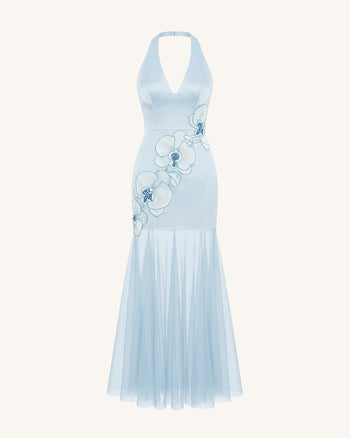 Orchid Robe Longue Plissée Broderie Bords Effilochés Dos Nu - Bleu Clair