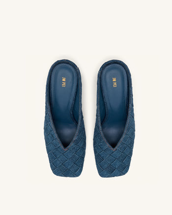 Ellie Mules à talons tressées à bout carré - Bleu denim