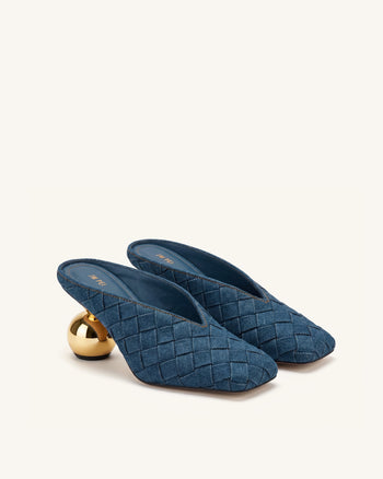 Ellie Mules à talons tressées à bout carré - Bleu denim