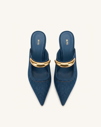 Sofia Mules à talon sphérique avec détail en métal - Bleu jean