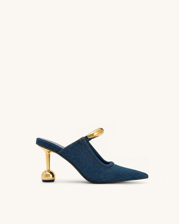 Sofia Mules à talon sphérique avec détail en métal - Bleu jean