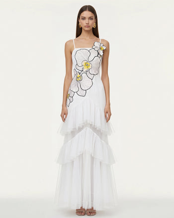 Robe longue bustier en tulle à volants brodée d'orchidées - Blanc