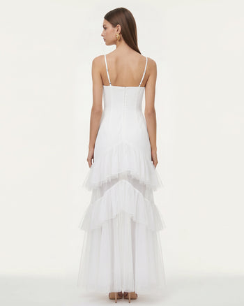 Robe longue bustier en tulle à volants brodée d'orchidées - Blanc