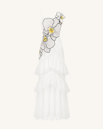 Robe longue bustier en tulle à volants brodée d'orchidées - Blanc