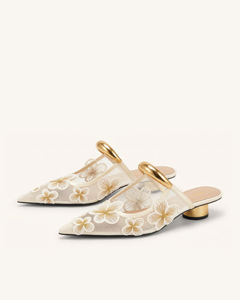 Helena Mules ajourées en mesh floral - Ivoire