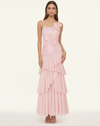 Robe longue asymétrique à volants brodée d'orchidées - Rose poudré
