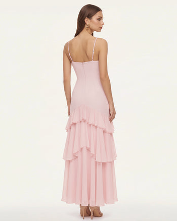 Robe longue asymétrique à volants brodée d'orchidées - Rose poudré