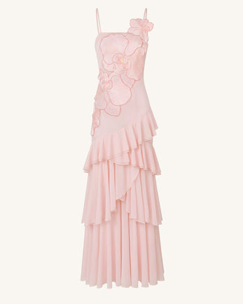 Robe longue asymétrique à volants brodée d'orchidées - Rose poudré