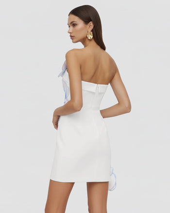 Orchid Mini Robe Bandeau Appliqués Floraux Broderie - Blanc Bleu