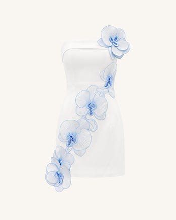 Orchid Mini Robe Bandeau Appliqués Floraux Broderie - Blanc Bleu