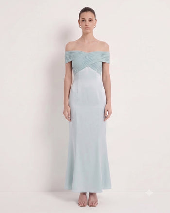 Robe longue dos nu croisé en satin plissé - Bleu poudré