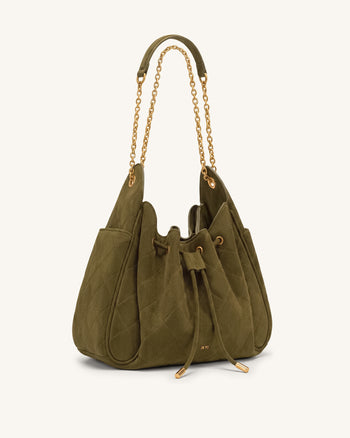 Rowan Sac seau matelassé à chaîne en faux suède - Vert olive