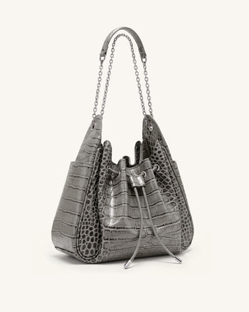Rowan Sac seau à cordon de serrage froncé avec chaîne - Crocodile gris