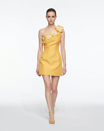 Robe courte asymétrique à applications florales - Jaune