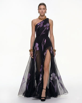 Robe maxi fleurie à une épaule - Noir