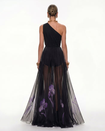 Robe maxi fleurie à une épaule - Noir