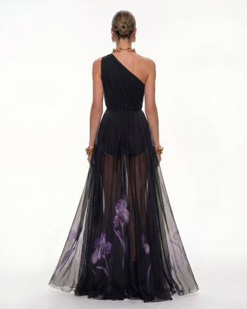 Robe maxi fleurie à une épaule - Noir