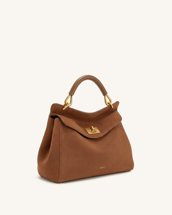 Lucia Sac à main classique en faux daim à poignée supérieure - Marron rouge foncé